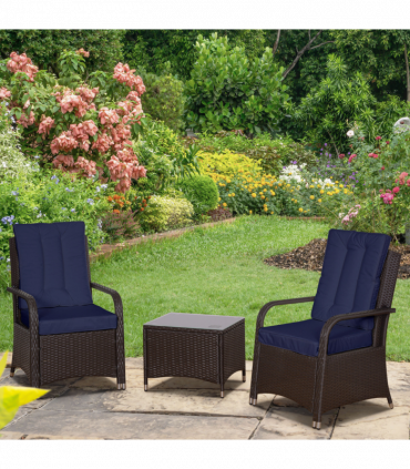 Outsunny Rattan 3PCs Chair Table Bistro Set Patio Set with Steel Frame Blue