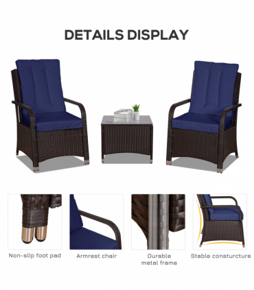 Outsunny Rattan 3PCs Chair Table Bistro Set Patio Set with Steel Frame Blue