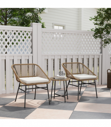 Outsunny Rattan Bistro Set, Small Balcony Furniture with Cushion, Light Grey