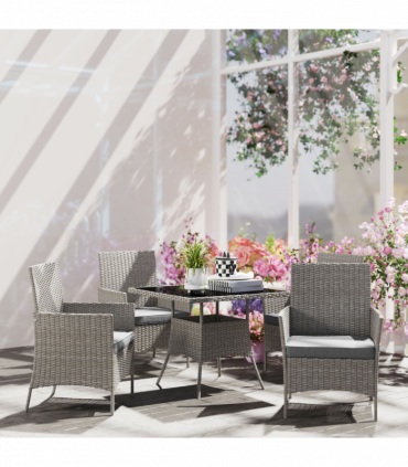 Outsunny Rattan Outdoor Dining Table and Chairs for 4, Light Grey