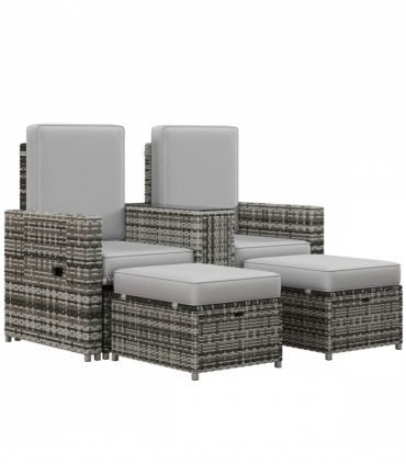 Outsunny Recliner Rattan Sun Lounger w/ Storage Tea Table & Footstools, Grey
