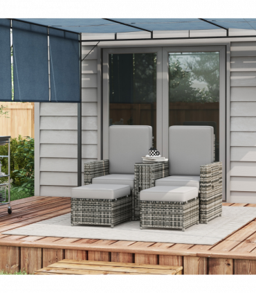 Outsunny Recliner Rattan Sun Lounger w/ Storage Tea Table & Footstools, Grey