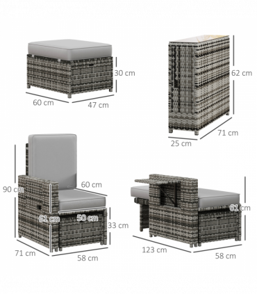Outsunny Recliner Rattan Sun Lounger w/ Storage Tea Table & Footstools, Grey
