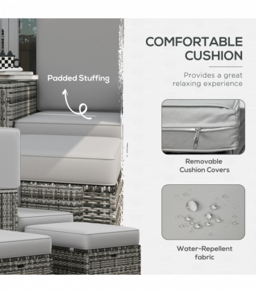 Outsunny Recliner Rattan Sun Lounger w/ Storage Tea Table & Footstools, Grey