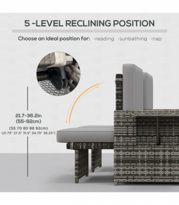 Outsunny Recliner Rattan Sun Lounger w/ Storage Tea Table & Footstools, Grey