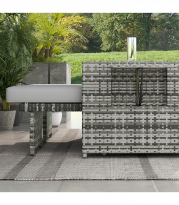 Outsunny Recliner Rattan Sun Lounger w/ Storage Tea Table & Footstools, Grey