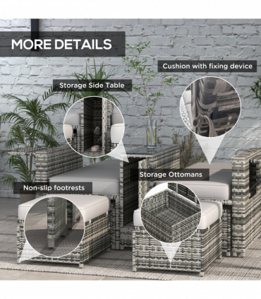 Outsunny Recliner Rattan Sun Lounger w/ Storage Tea Table & Footstools, Grey