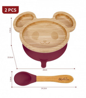 Mouse Bamboo Plate and Spoon Set Suction Plate Stay-Put Design RED 0000236