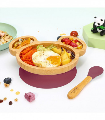 Mouse Bamboo Plate and Spoon Set Suction Plate Stay-Put Design RED 0000236