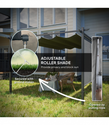 Outsunny 3 x 4m Metal Pergola with Retractable Roof and Roller Shade, Grey