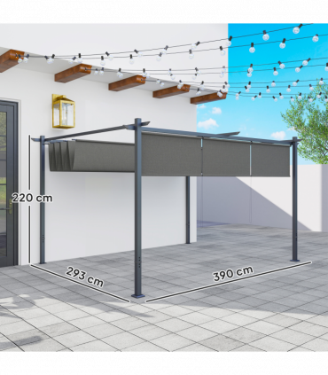 Outsunny 3 x 4m Metal Pergola with Retractable Roof and Roller Shade, Grey