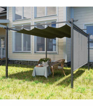 Outsunny 3 x 4m Metal Pergola with Retractable Roof and Roller Shade, Grey