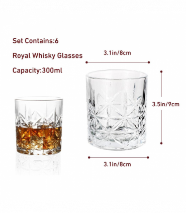 Crystal Transparent 6 Royal Whisky Crystal Cut Transparent Whiskey Glasses 300ml