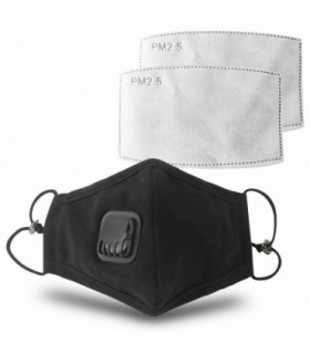 Anti Pollution Washable Cotton Mouth Mask with Valve Replaceable Filter, Black[1x Mask with 2 Filters]