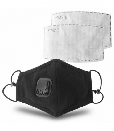 Anti Pollution Washable Cotton Mouth Mask with Valve Replaceable Filter, Black[1x Mask with 2 Filters]