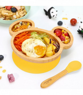 Mouse Bamboo Plate and Spoon Set Suction Plate Stay-Put Design YELLOW 0000232