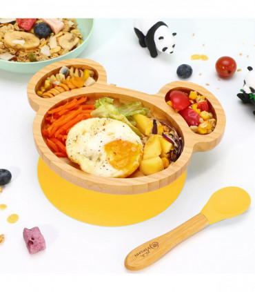 Mouse Bamboo Plate and Spoon Set Suction Plate Stay-Put Design YELLOW 0000232