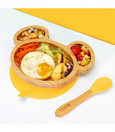 Mouse Bamboo Plate and Spoon Set Suction Plate Stay-Put Design YELLOW 0000232