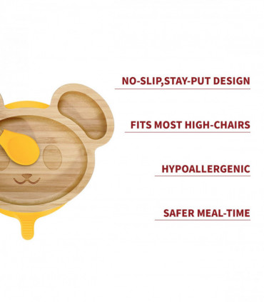 Mouse Bamboo Plate and Spoon Set Suction Plate Stay-Put Design YELLOW 0000232