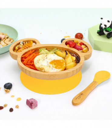 Mouse Bamboo Plate and Spoon Set Suction Plate Stay-Put Design YELLOW 0000232