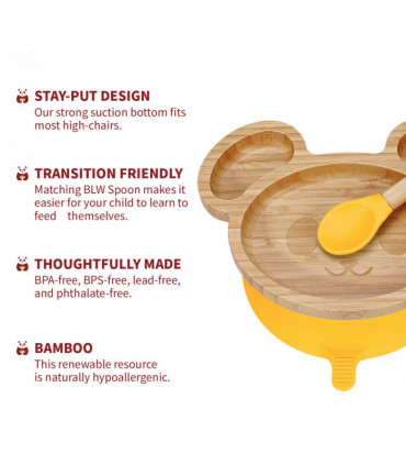 Mouse Bamboo Plate and Spoon Set Suction Plate Stay-Put Design YELLOW 0000232