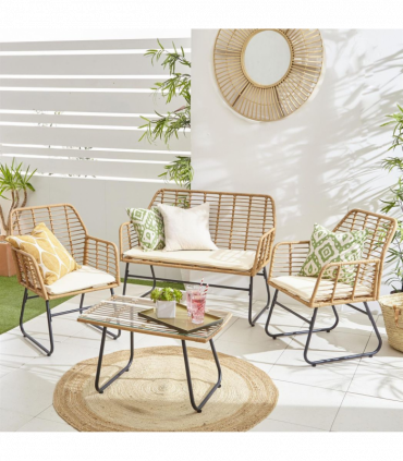 Neo 4 Piece Wicker Bamboo Style Garden Sofa, Table & Chairs Set