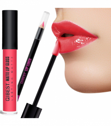Qibest Double Pack Matt Liquid Lip Gloss and Lip Pencil Liner Kit, Bright Pink