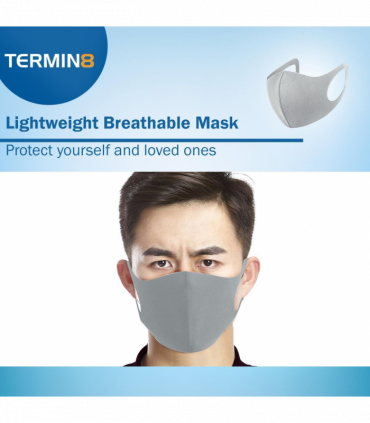 Termin8 Lightweight Breathable Reusable Face Mask for Adults, Machine Washable - Grey