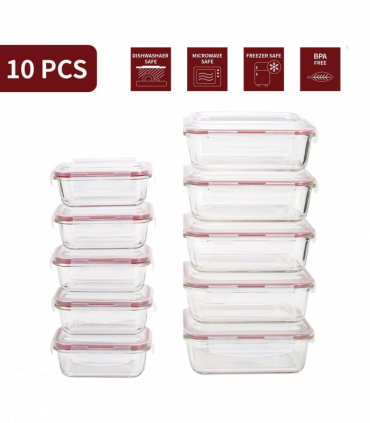 Vinsani Glass Food Storage 10-Pack Containers Rectangle Food Meal Prep Lunch Boxes with Lids Airtight Heat Resistant Leakproof Lid BPA-Free Dishwasher Microwave Oven Freezer Safe