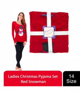 Women's Snowman Christmas-Themed Winter Two-Piece Pyjama Set Red, Size - 14
