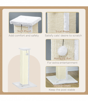 PawHut 81cm Cat Scratching Post w/ Sisal Rope, Hanging Ball Soft Plush White