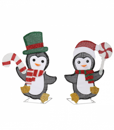 Set of 2 Lighted Penguin and Candy Cane Christmas Decorations, Pre-lit 2D Holiday Decor with 80 Warm White LED Lights for Xmas Outdoor Indoor Decor Lighted Holiday Displays