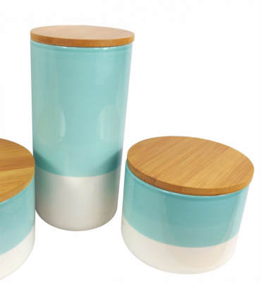 Set of Three Canisters Aqua Green Ceramic Storage Jars with Lids