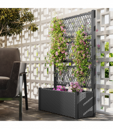 Outsunny Garden Planter Box with Trellis, Rattan Raised Bed, Charcoal Grey