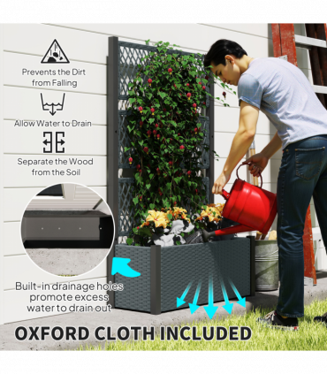 Outsunny Garden Planter Box with Trellis, Rattan Raised Bed, Charcoal Grey
