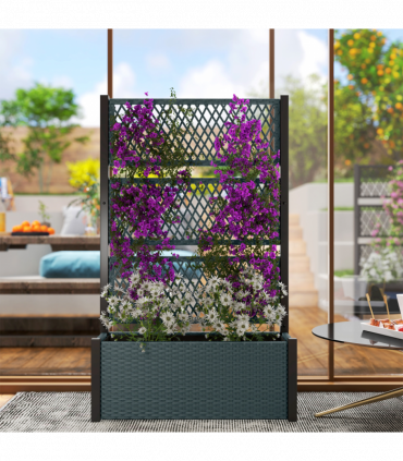 Outsunny Garden Planter Box with Trellis, Rattan Raised Bed, Charcoal Grey