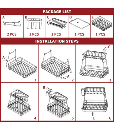 Dish Rack Black Stainless Steel 2-Tier Detachable Modern Auto Drainage System