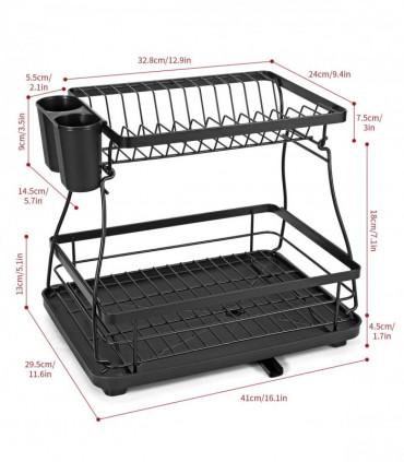 Dish Rack Black Stainless Steel 2-Tier Detachable Modern Auto Drainage System