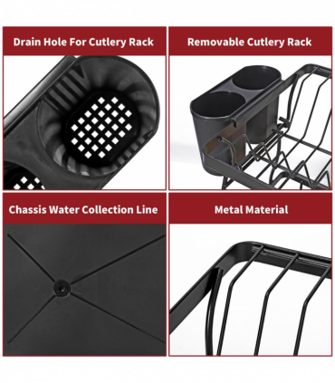 Dish Rack Black Stainless Steel 2-Tier Detachable Modern Auto Drainage System