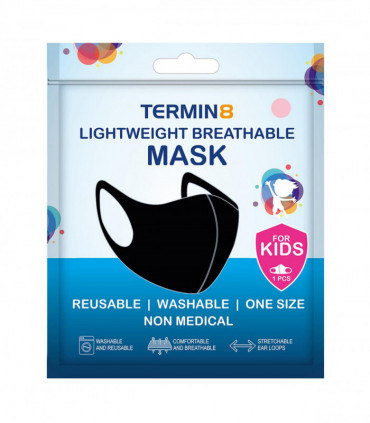 Termin8 Lightweight Breathable Reusable Face Mask for Kids, Machine Washable - Black
