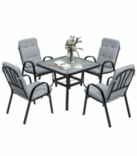 Outsunny Garden Dining Set, Glass Table w/ Umbrella Hole & Texteline Seats