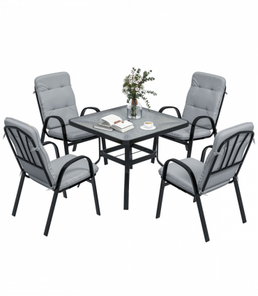 Outsunny Garden Dining Set, Glass Table w/ Umbrella Hole & Texteline Seats