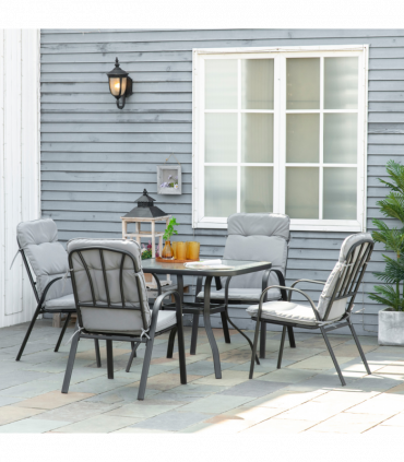 Outsunny Garden Dining Set, Glass Table w/ Umbrella Hole & Texteline Seats