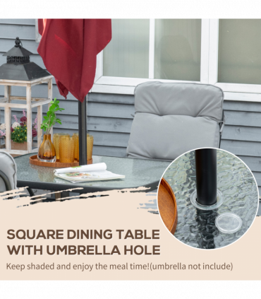 Outsunny Garden Dining Set, Glass Table w/ Umbrella Hole & Texteline Seats