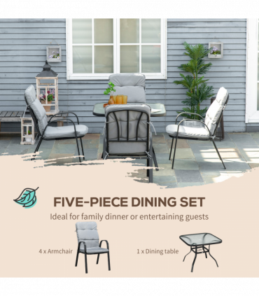 Outsunny Garden Dining Set, Glass Table w/ Umbrella Hole & Texteline Seats