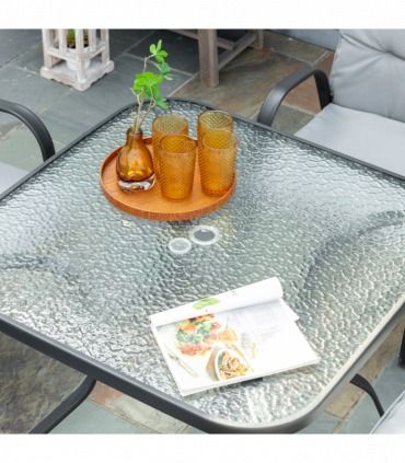 Outsunny Garden Dining Set, Glass Table w/ Umbrella Hole & Texteline Seats