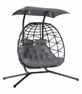 Outsunny Rattan Double Hanging Egg Chair with Canopy, Cushion, Black