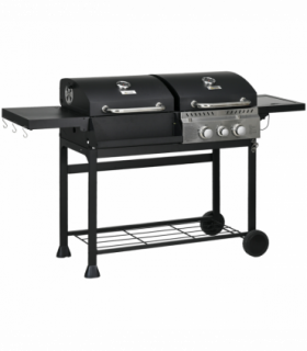 Outsunny Dual Fuel BBQ Grill with Wheels, Warming Rack, Black