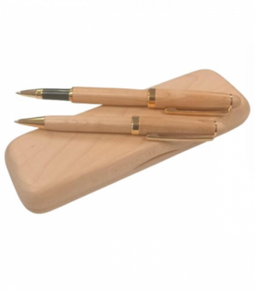 Imperial Wooden Laight Brown Gold Trim 2 Ball Pens With Handmade Wooden Box Gift Set IMP310R - CLEARANCE MIGHT NEEDS RE-REFILL