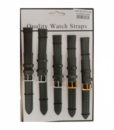 1555.05BK 18MM 2X Extra Long Black Leather Watch Straps Pack of 5